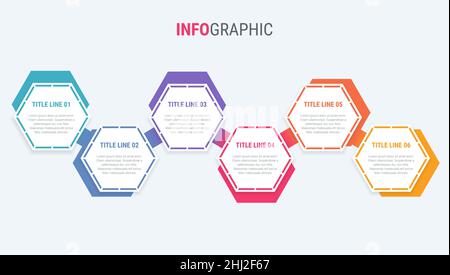 Farbenfrohes Diagramm, Infografik-Vorlage. Zeitachse mit 6 Schritten. Honeycomb Workflow-Prozess für Unternehmen. Vektordesign. Stock Vektor