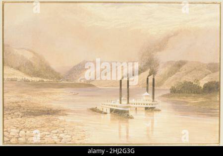 The Ohio River near Wheeling, West Virginia 1859–60 Lefevre James Cranstone Britisch der englische Genre-Künstler Cranstone besuchte die Vereinigten Staaten für weniger als ein Jahr kurz vor dem Bürgerkrieg und produzierte Hunderte von Farb- und Aquarellansichten von Washington, D.C., Niagara Falls, Und Standorte in Indiana und West Virginia. Die meisten überlebenden Zeichnungen fanden ihren Weg in öffentliche Sammlungen in Indiana und Boston. Cranstones Interesse am Dampfschiffverkehr entlang des Ohio River könnte durch Charles Dickens’ Bericht über Reisen entlang der Wasserstraße inspiriert worden sein, der in seinen „American Notes“ von 1 veröffentlicht wurde Stockfoto