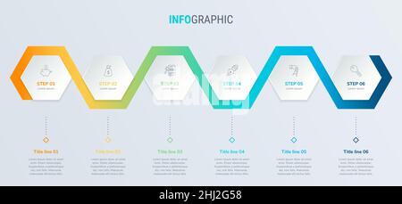 Infografik-Design-Vektor für die Zeitleiste. 6 Optionen, Wabenlayout. Vektor-Infografik Zeitleiste Vorlage. Stock Vektor