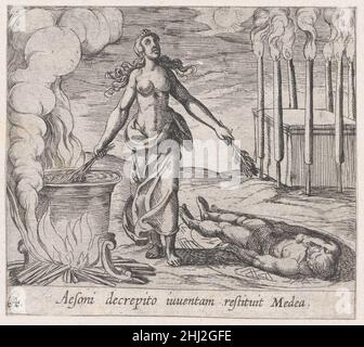 Tafel 64: Medea Wiederherstellung von Aesons Jugend (Aesoni decordito iuventam restituit Medea), aus Ovids 'Metamorphosen' 1606 Antonio Tempesta Italienisch. Tafel 64: Medea Wiederherstellung von Aesons Jugend (Aesoni decordito iuventam restituit Medea), aus Ovids 'Metamorphosen'. Antonio Tempesta (Italienisch, Florenz 1555–1630 Rom). 1606. Radierung. Ausdrucke Stockfoto