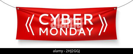 Hängendes Banner zum Cyber monday. Realistische Werbung auf Schnur Stock Vektor