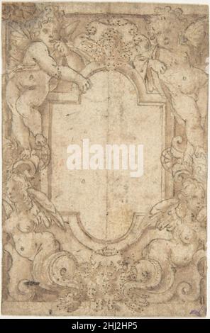 Design for a Frame with Putti and Sirens 1550–1600 Anonymous, italienisch, zweite Hälfte des 16th. Jahrhunderts italienisch. Entwurf für einen Rahmen mit Putti und Sirenen 363761 Stockfoto