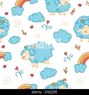 Nahtlose Muster für Kinder Vektor-Illustrationen von Schafen, Wolken, Regenbögen Stock Vektor