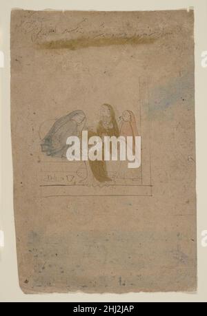 Eine Dame mit Dienern ca. 1775–80 Nainsukh-Indianer zugeschrieben Diese Skizze fügt sich in den Körper der vorbereitenden Arbeiten des Seu-Familienmalers Nainsukh ein. Insbesondere die Gesichtszüge und die Draperiekonventionen sind Elemente, die sich auf eine von ihm bekannte Serie beziehen. Die Verwendung von hellen Farbwäschen gibt einen Einblick, wie dieser Künstler auf fertige Gemälde hingearbeitet hat. Eine Dame mit Anwesenden 74685 Stockfoto