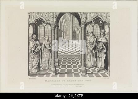 Die Ehe von Heinrich dem VIII. Und Elisabeth von York 15. Februar 1826 nach Jan Gossart (genannt Mabuse) im Inneren einer Kirche steht König Heinrich VII. Von England mit einem Geistlichen rechts gegenüber seiner Braut, Elizabeth von York, die mit einem männlichen Begleiter links steht. Der Druck entstand als Illustration zu Walpoles Anekdoten der Malerei in England, ergänzt durch Rev James Dallaway (London: 1826), Band 1. S. 94. Die Ehe von Heinrich dem VIII. Und Elisabeth von York 395103 Stockfoto