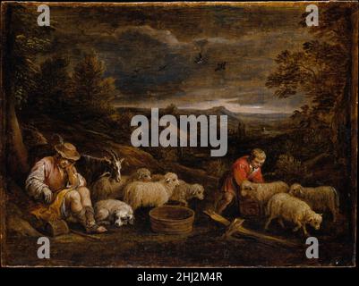 Hirten und Schafe David Teniers der Jüngere Flämisch Dieses Bild gehört nach Gemälden in der Sammlung des Erzherzogs Leopold Wilhelm zu der gleichen Ablagengruppe von Teniers wie der ebenfalls hier ausgestellte barmherzige Samariter. Der gegenwärtige Verbleib der Pastoralszene von Bassano, das Teniers' Vorbild war, ist unbekannt. Hirten und Schafe 437780 Stockfoto