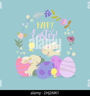 Niedliche Osterhasen und Ostereier. Frohe Feiertage Stock Vektor