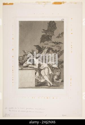 Tafel 43 aus 'Los Caprichos': The sleep of reason produces Monsters (El sueño de la razon produce monstruos) 1799 (veröffentlicht 1908–12) Goya (Francisco de Goya y Lucientes) Spanisch. Tafel 43 aus 'Los Caprichos': Der Schlaf der Vernunft produziert Monster (El sueño de la razon produziert Monstruos). Goya (Francisco de Goya y Lucientes) (Spanisch, Fuendetodos 1746–1828 Bordeaux). 1799 (veröffentlicht 1908–12). Radierung, Aquatinta auf Wove-Papier. Ausdrucke Stockfoto