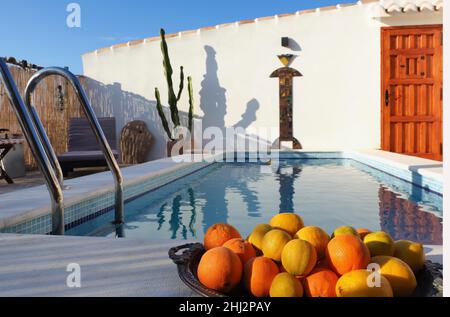 Kleiner Pool mit Orangen und Zitronen vor der Tür, Casa del Aguila, Andalusien, Spanien Stockfoto