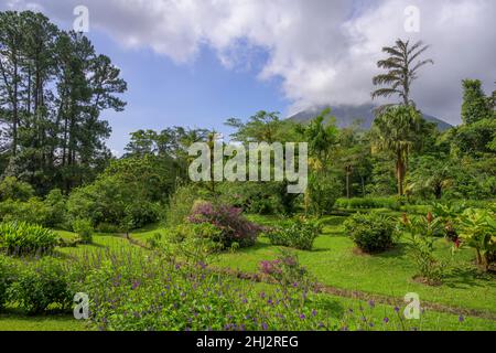 Blick auf den wolkenbedeckten Vulkan, Arenal Observatory Lodge, Fortuna, Provinz Alajuela, Costa Rica Stockfoto