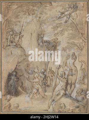 Diana und Actaeon ca. 1580–85 Bartholomeus Spranger Niederlandisch Diese Zeichnung stellt die Geschichte von Diana und Actaeon dar, wie sie in Ovids Metamorphosen (Buch III: 138–253) erzählt wird. Oben links auf einem Felsvorsprung thront Actaeon und blickt auf Diana, die in Begleitung von Nymphen in einem umzäunten Waldgebiet baden wird. Als die Badegäste versuchen, sich zu bedecken, spritzt Diana dem Eindringling Wasser zu, der als Strafe in einen Hirsch verwandelt wird. Obwohl die Funktion der Zeichnung nicht sicher bekannt ist, ist sie wahrscheinlich als Studie für ein Kabinettgemälde erstellt worden. Das c Stockfoto