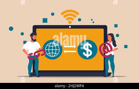 Online-Geschäftsbanking und drahtlose Einlageninvestition mit Laptop. Veranschaulichung von Vernetzungstransaktion und Zahlvektorzeichnung. Zukünftige Finanzierung c Stock Vektor