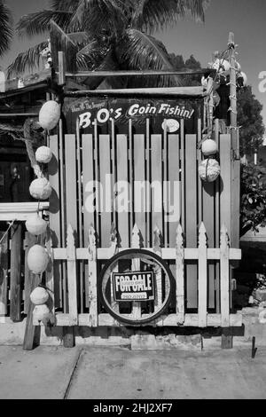 B.O.’s Fish Wagon, gelegen an der Caroline Street in Key West, Florida. Ein unkonventionelles Restaurant in einer Treibholzhütte, in dem gebratener Fisch und Krabbenfalter ausgezischt werden. Stockfoto