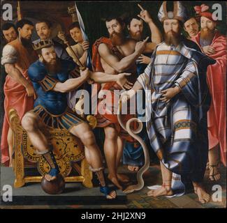 Moses und Aaron vor dem Pharao: Eine Allegorie der Dinteville-Familie 1537 Meister der Dinteville-Allegorie Niederländisch/Französisch in diesem großen, allegorischen Familienportrait spielen die Dinteville-Brüder eine Szene aus Exodus 7:9. Aaron (François II de Dinteville), der den Pharao um die Befreiung der Israeliten bittet, verwandelt seinen Stab in eine Schlange und beweist, dass Gott mit ihm ist. Jean de Dinteville wird als Moses dargestellt, während Gaucher und Guillaume hinter ihnen stehen. Die Brüder waren wichtige Mitglieder des Hofes von Franz I., der als Pharao vertreten ist. Gemalt während eines kritischen Moments in ihrem r Stockfoto