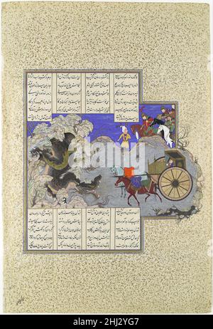 'Isfandiyars dritter Kurs: Er tötet einen Drachen', Folio 434v aus dem Shahnama (Buch der Könige) von Shah Tahmasp ca. 1530 Abu'l Qasim Firdausi Dieses dramatische Bild illustriert die dritte von sieben Herausforderungen oder Kursen, die Prinz Isfandiyar auf dem Weg zur Befreiung seiner Schwestern aus der Gefangenschaft in Turan durchmachte. Als Isfandiyar hörte, dass er auf seinem gefährlichen Weg einem Drachen begegnen würde, bestellte er einen Pferdewagen mit einer Kiste, in der er sich verstecken konnte und aus der Speere projizierten. Hier ist der Drache aufgetaucht und saugt die Pferde in seinen Maw, der bald auf die Speere aufgespießt und von Isfandiya zerschlagen wird Stockfoto