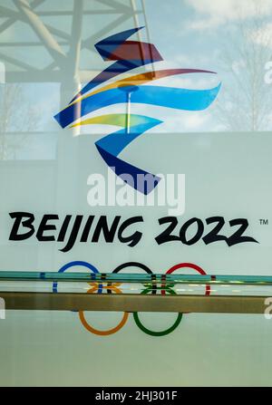 Werbeschild für die Olympischen Winterspiele 2022 in Peking Stockfoto