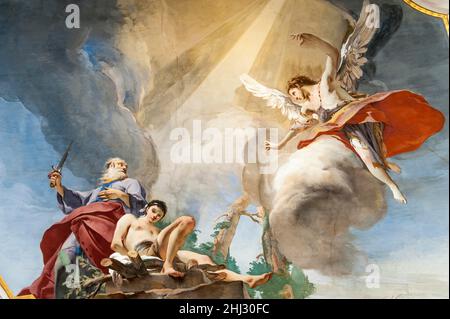 Fresko, Deckenmalerei, Isaaksopfer des Künstlers Giovanni Battista Tiepolo, Patriarchalpalast, Gastsaal, Udine, Friaul Julisch Venetien, Italien Stockfoto