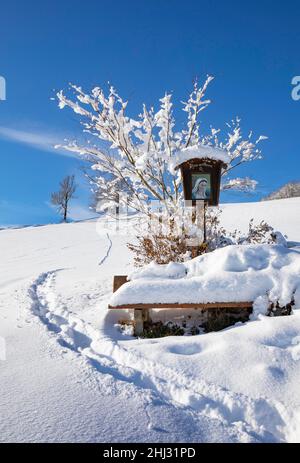 Schneebedeckter Wegweiser in Mondseeland, Mondsee, Salzkammergut, Oberösterreich, Österreich Stockfoto