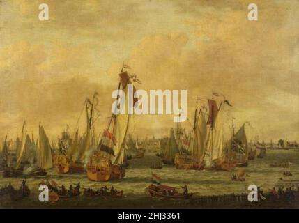 Abraham Storck - Spiegelgevecht tussen Engelse en Hollandse schepen op het IJ voor Amsterdam Stockfoto