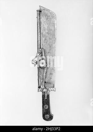 Jagdmesser kombiniert mit Radschloss Pistolenklinge ca. 1528–29, eingeätzt mit einem Kalender für die Jahre 1529–34; Lauf datiert 1540 oder 1546 Ambrosius Gemlich Deutsch im 16. Jahrhundert wurden Radschlosspistolen teilweise mit Schwertern, Messern, Äxten, Macken, Speeren, Und sogar Armbrüste, die bei einem Fehlzünden der Pistole verwendet werden könnten. Gewöhnlich plump und unpraktisch, kombinierte Waffen waren dennoch hochgeschätzte Kuriosen. In diesem Beispiel ist die schwere, spaltartige Klinge mit einem Kalender und dem Namen des Dekorators eingeätzt. Jagdmesser kombiniert mit Radschlosspistole. Deutsch, München. Stockfoto