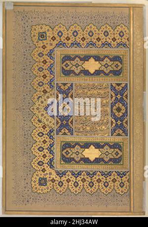 'Unwan vom Shah Jahan Album recto: Ca. 1630–40; rückseitig: Ca. 1540 mir 'Ali Haravi Ein Manuskript wurde oft mit einem 'unwan, einer prächtigen doppelseitigen Komposition, eröffnet, die Textspalten umrahmt. Zu Beginn dieses kaiserlichen Albums wurde Text aus einer Abhandlung über Kalligraphie von mir 'Ali, dem gefeierten penman des Timuriden-Hofes von Herat aus dem frühen 16. Jahrhundert, auf ein Folio geklebt und mit mehreren Rändern üppiger Beleuchtung verziert. Die Schrift selbst ist von wolkenartigen Blasen umgeben, um die sich Miniaturirisen, Lilien und andere Pflanzen blühen. 'Unwan vom Shah Jahan Album 451285 Stockfoto