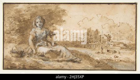 Sitzendes Mädchen in einer Landschaft 1702–88 Francesco Zuccarelli Italienisch. Sitzendes Mädchen in einer Landschaft 341337 Stockfoto