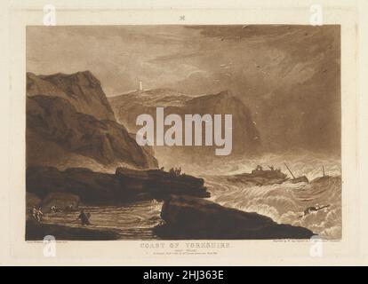 Coast of Yorkshire, near Whitby (Liber Studiorum, Teil V, Platte 24) 1. Januar 1811 Entworfen und geätzt von Joseph Mallord William Turner der Brite Turner hat seine Vorstellungen über Landschaft in 'Liber Studiorum' (Latin for Book of Studies), einer Serie von siebzig Drucken plus einem Frontispiz, veröffentlicht zwischen 1807 und 1819, destilliert. Um die Kompositionen zu etablieren, fertigte er braune Aquarellzeichnungen an und ätzte dann Konturen auf Kupferplatten. Professionelle Graveure entwickelten den Ton in der Regel unter Turner's Richtung, und sagen, dass hier Mezzotint hinzugefügt wurde, um raue Meere zu definieren, die einen dunklen, felsigen Abschnitt der Küste von Yorkshire durchziehen Stockfoto