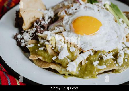 mexikanische grüne Chilaquiles mit Spiegelei, Huhn und würziger grüner Sauce traditionelles Frühstück in Mexiko Stockfoto