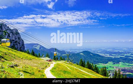 Panoramablick von der Kampenwand auf die Seilbahn und den Chiemensee Stockfoto