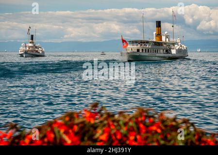 Morges, Kanton Waadt, Schweiz - 21.06.2021: Schweizer Dampfschiff mit Passagieren auf dem Genfersee. CGN-Boot im Sommer. Stockfoto