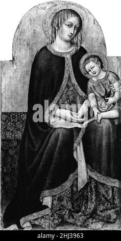 Madonna mit Kind mit Heiligen ca. 1442 Priamo della Quercia (Priamo del Pietro) Italienisch der Bruder des großen sienesischen Bildhauers Jacopo della Quercia, Priamo war ein Retardataire-Künstler mit bescheidenen Fähigkeiten. Er war zwischen 1440 und 1467 in Volterra tätig, und die heutigen Tafeln lassen sich vorläufig mit einem Altarbild identifizieren, das 1442 für die Kirche San Michele in Auftrag gegeben wurde. Das Zentrum Madonna mit Kind basiert auf einer Komposition von Taddeo di Bartolo. Abgesehen davon, dass die rechte Seite der Mittelplatte abgeschnitten wurde, befinden sich die Bilder in einem bemerkenswert guten Zustand. Madonna und Kind mit Stockfoto