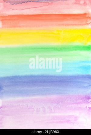 Farbenfroher, lebhafter strukturierter Hintergrund. Abstrakt handbemalt auf Papier Aquarell Textur. Dekorative chaotische Textur für Design. Gestreifte Regenbogenoverla Stockfoto