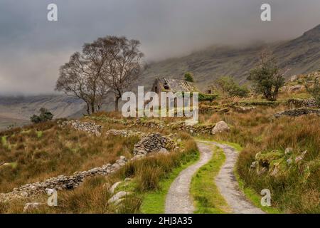 Molly's Cottage, ein zerstörtes Steinhaus mit eingestürzter Decke unter dunklem Himmel, im Black Valley, Ring of Kerry, Irland Stockfoto