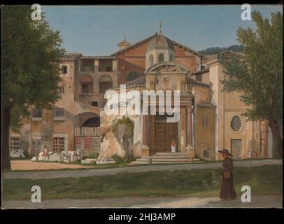 Ein Abschnitt der Via Sacra, Rom (die Kirche der Heiligen Cosmas und Damian) ca. 1814–15 Christoffer Wilhelm Eckersberg Dänisch in Rom produzierte Eckersberg zwischen 1813 und 1816 eine Reihe urbaner Perspektiven, die durch ihre skrupellos einfachen Kompositionen und satten Farbtöne bemerkenswert waren. Diese Studien wurden in wiederholten Sitzungen vor dem Motiv gemalt, um die Auswirkungen der mediterranen Sonne auf architektonische Ensembles originalgetreu zu reproduzieren. Diese friesartige Ansicht zeigt den Romulus- und Remustempel aus dem 4. Jahrhundert, der den Vorraum der Kirche der Heiligen Cosmas und Damian aus dem 6. Jahrhundert bildet Stockfoto