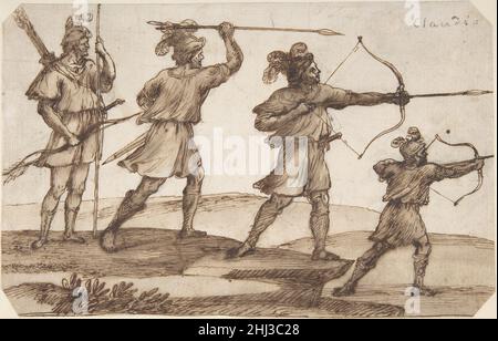 Drei Bogenschützen und eine Figur mit einem Speer ca. 1670–72 Claude Lorrain (Claude Gellée) Französisch nach Hierarchien des 17th. Jahrhunderts wurden Claudes Landschaften durch die Einbeziehung kleinformatischer Szenen aus der Mythologie und der antiken Geschichte in den höheren Bereich der Geschichtsmalerei erhoben. Dieses Studienblatt bezieht sich auf die libysche Küstenansicht von 1672 mit Aeneas-Jagd, im Musée des Beaux-Arts, Brüssel, gemalt für Paolo Francesco Falconieri (1626-1696), Ein Prinz florentinischen Ursprungs, der in Rom an der Via Giulia in einem Palast lebt, der 1650s von Borromini umgebaut wurde. Die Episodendepi Stockfoto