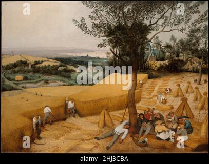 The Harvesters 1565 Pieter Bruegel the Elder Niederlandisch in dieser Arbeit wird der Betrachter zu einem heißen Sommertag in die Niederlande transportiert. Es gehört zu einer Serie, die der Antwerpener Kaufmann Niclaes Jongelinck für sein Vorstadthaus in Auftrag gab. Der Zyklus umfasste ursprünglich sechs Gemälde, die die Zeiten des Jahres zeigen. Neben den Harvestern, die normalerweise als Vertreter von Juli bis August identifiziert werden, sind vier weitere Gemälde der Gruppe erhalten geblieben (jetzt im Kunsthistorischen Museum, Wien, und in der Lobkowicz-Sammlung, Prag). Bruegels Serie ist ein Wendepunkt in der Geschichte der westlichen Kunst Stockfoto