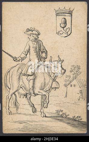 Acorn King: A man astride a Cow 1712 oder später Johannes Brandenberg Swiss. Acorn King: A man Astride a Cow 380408 Künstler: Johannes Brandenberg, Swiss, Zug 1661?1729 Zug, Acorn King: A man Astride a Cow, 1712 oder höher, Stift und schwarze Tinte, Blatt: 3 9/16 x 2 5/16 Zoll (9 x 5,9 cm). Das Metropolitan Museum of Art, New York. Kauf, Jean A. Bonna Gift, 2007 (2007.223.35) Stockfoto