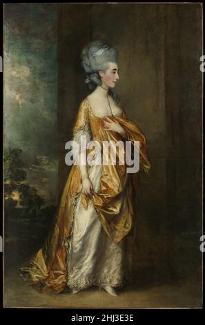 Mrs. Grace Dalrymple Elliott (1754?–1823) 1778 Thomas Gainsborough der Brite Gainsborough zog 1774 nach London, und 1777 stellte er Porträts von Mitgliedern der königlichen Familie an der Royal Academy aus. Diese ganze Länge der statuesken Mrs. Elliott – eine schottische Dame von großer Schönheit, aber einem skandalösen Ruf – wurde offenbar von ihrem Geliebten, dem ersten marquis von Cholmondeley, in Auftrag gegeben und 1778 gezeigt. Seine Eleganz, die zarte goldene Färbung und die flüssige Handhabung spiegeln den Einfluss von Van Dyck wider, der die Vorlage für aristokratische Gelassenheit geschaffen hat. Frau Grace Dalrymple Elliott (1754?–18 Stockfoto