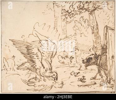 Barnyard-Szene: Zwei Vögel kämpfen (recto)Studien von Vögeln (verso) Mitte des 17th. Jahrhunderts Anthonie van Borssom Niederländisch. Barnyard-Szene: Zwei Vögel kämpfen (recto)Vogelstudien(verso) 335098 Stockfoto