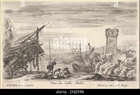 Ansicht der Küste Italiens (Vue des Costes d'Italie), der Bug eines links ruhenden Schiffes, eine Gruppe von Männern, die Karten in der Mitte spielen, ein Turm in Ruinen rechts im Hintergrund, aus 'Ansichten der Seehäfen' (Vues de Ports de mar) 1647 Stefano della Bella Italienisch. Ansicht der italienischen Küste (Vue des Costes d'Italie), der Bug eines links ruhenden Schiffs, eine Gruppe von Männern, die in der Mitte Karten spielen, ein Turm in Ruinen rechts im Hintergrund, von 'Views of Seaports' (Vues de Ports de mar) 413356 Stockfoto