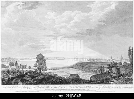 Eine Südwestansicht der Stadt New York, in Nordamerika ca. 1768 Pierre Charles Canot Französisch Veröffentlicht in London im Jahr 1768 wurde diese Aussicht auf New York gemacht, als die Stadt unter britischer Kontrolle stand. Pierre Canot basierte seine Gravur auf einer Zeichnung, die Thomas Howdell, ein Kapitän der königlichen Artillerie, um 1763 angefertigt hatte. Der Blick schaut von einem Punkt in der Nähe der heutigen Kreuzung der Henry und Montgomery Straßen auf der Lower East Side nach Süden. Der Hügel im Vordergrund hieß Mount Pitt. Links ist der East River, mit Nutting (jetzt Governor's Island) und Staten Island in der Ferne. Die Stadt wird als angezeigt Stockfoto