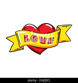 Rotes Herz mit Band im Comic-Stil. Vektorgrafik. Design-Element am Valentinstag Stock Vektor