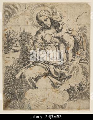 Madonna mit Kind auf Wolken sitzend und umgeben von Engeln Ca. 1639 Simone Cantarini Italienisch. Madonna mit Kind auf Wolken sitzend und von Engeln umgeben 341546 Stockfoto