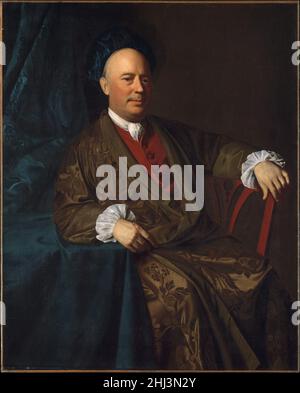 Joseph Sherburne Ca. 1767–70 John Singleton Copley American das Thema dieses erstaunlich vitalen Porträts war ein wohlhabender Kaufmann aus Boston. Er entschied sich dafür, gemalt zu werden, indem er ein lockeres, aber elegantes banyan- oder Lounge-Gewand trug – damals eine beliebte Herrenmode – und einen Turban anstelle einer formellen Perücke. Am auffälligsten an dem Porträt ist sein überzeugender Realitätssinn, den Copley mit verschiedenen Mitteln erreicht hat. Er malte akribisch jede Falte von Tuch und ein bisschen Muster in Sherburnes Damastkleid sowie jede fleischige Falte auf sein Gesicht und seine Hände. Ebenso, indem das Bild stark von beleuchtet wird Stockfoto