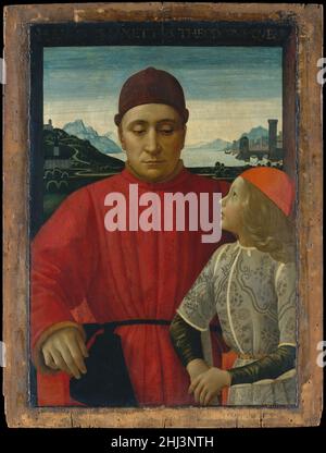 Francesco Sassetti (1421–1490) und sein Sohn Teodoro ca. 1488 Domenico Ghirlandaio (Domenico Bigordi) Italienisch Dieses dynastische Porträt zeigt den Florentiner Bankier Francesco Sassetti und seinen jungen Sohn Teodoro, geboren 1479. Teodoro wurde nach seinem älteren Bruder benannt, der im selben Jahr starb. Sassetti leitete die Medici-Banken in Avignon, Genf und Lyon und war Berater von Piero de' Medici und Lorenzo dem Magnificent. Die Kombination von Gesicht und Profil verleiht dem Bild eine ausgesprochen formale Qualität, die seiner Funktion als Erinnerung an Verlust und Regeneration dient. Der Hintergrund sho Stockfoto