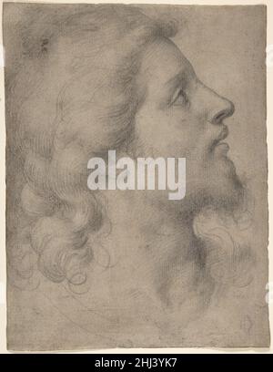 Kopf eines bärtigen, jungen Mannes in Profilansicht rechts 1545–55 Bronzino (Agnolo di Cosimo di Mariano) Italienisch Diese fein gezeichnete Studie zeigt den bärtigen Kopf eines jungen Mannes von apollonischer Schönheit, der möglicherweise zur Darstellung der Figur Christi verwendet wurde. Die Modellierung der Schatten wird nahtlos mit einer meisterhaften Anwendung der Technik des Stolperens oder Einreibens der einzelnen Striche weicher schwarzer Kreide vermischt. Die von Michelangelo in den Jahren 1530s und 1540s auf brillante Weise angewandte Zeichentechnik mit schwarzer Kreide wurde von den Florentiner Manieristen des folgenden Künstlers stark nachgebildet Stockfoto