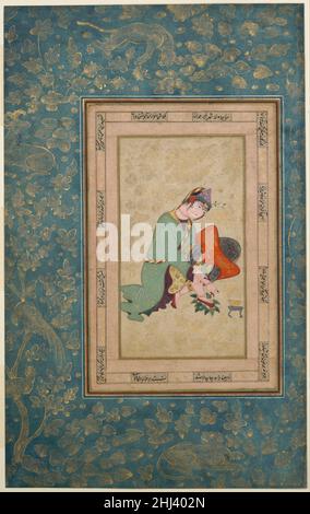 Frau, die Henna anwendet Ende des 16th. Jahrhunderts Dieses Gemälde ist eine seltene Darstellung einer jungen Frau, die Henna auf ihre Füße anwendet, ein Ritual, das mit dem Ritual der Durchgangsfeiern im Iran und den umliegenden Regionen in Verbindung gebracht wird, insbesondere der Ehe. Das von diesem unbekannten Künstler gewählte Thema spiegelt das wachsende Interesse der Safavid-Maler dieser Zeit an Darstellungen von alltäglichen Menschen und Ereignissen wider. Der rechte Fuß der Sitzenden ruht auf einem Haufen Henna-Blätter, ihre Kleider fallen leicht zurück, um ihre goldenen und grauen Unterbekleidung zu offenbaren. Die Illustration wäre in ein Album mit Gemälden und Zeichnungen aufgenommen worden. Stockfoto