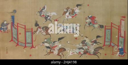Tataren spielen Polo Anfang des 18th. Jahrhunderts Kano Eisen'in Furunobu ?????? Japanisch Zusammen mit der Jagd übte Polo großen Anklang als Thema für Dichter, Maler und Handwerker im alten China aus. Im späten 16. Und frühen 17. Jahrhundert, Hunderte von Jahren nach dem Niedergang des Sports in der Region, machte Polo ein plötzliches Wiedererscheinen als Motiv für die Malerei in Japan. Die aufkeimende Kriegerklasse bevorzugte alte Themen wie die Tartaren, die Polo spielen, und die Tartaren, die in ihren neuen Schlössern und Villen nach Dekorationen suchen.im Gegensatz zu den großformatigen Momoyama (1573–1615) Leinwandbildern auf Sumptu Stockfoto