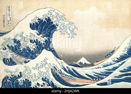 Unter der Welle vor Kanagawa (Kanagawa oki nami ura), auch bekannt als die große Welle, aus der Serie sechsunddreißig Ansichten des Mount Fuji (Fugaku sanj?rokkei) ca. 1830–32 Katsushika Hokusai Japanese die atemberaubende Komposition dieses Holzschnitts, der Debussys La Mer (das Meer) und Rilkes der Berg (der Berg) inspiriert haben soll, Hokusai spielte geschickt perspektivisch, um Japans größten Berg als kleinen dreieckigen Hügel in der Mulde der krestenden Welle erscheinen zu lassen. Der Künstler wurde berühmt für seine Landschaften, die mit einer Palette von geschaffen wurden Stockfoto