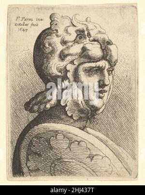 Helmeted Head 1645 Wenceslaus Hollar Bohemian Ein Krieger mit Brustlänge im Dreiviertel-Profil rechts, der einen Helm in Form eines stilisierten Löwenkopfes trägt und einen Schild trägt. Nach Parmigianino. Helmeted Head 360819 Stockfoto